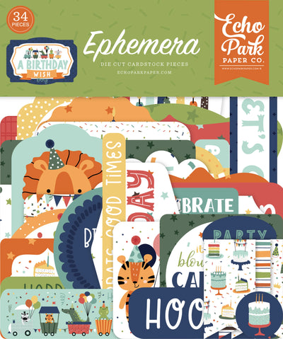 A Birthday Wish Boy Ephemera Die Cut Cardstock Pack. Pack includes 33 different die-cut shapes ready to embellish any project. Package size is 4.5" x 5.25"