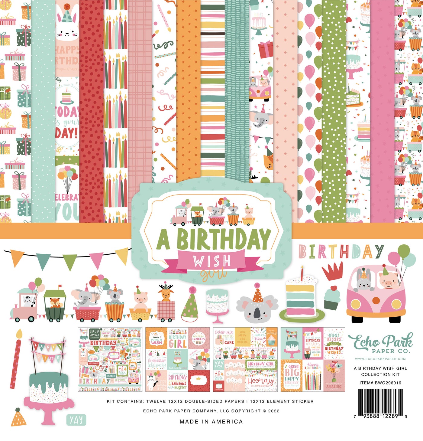 Twelve double-sided papers with party colors and themes focused on a girl's birthday. 12x12 inch textured cardstock; includes Element Sticker Sheet.