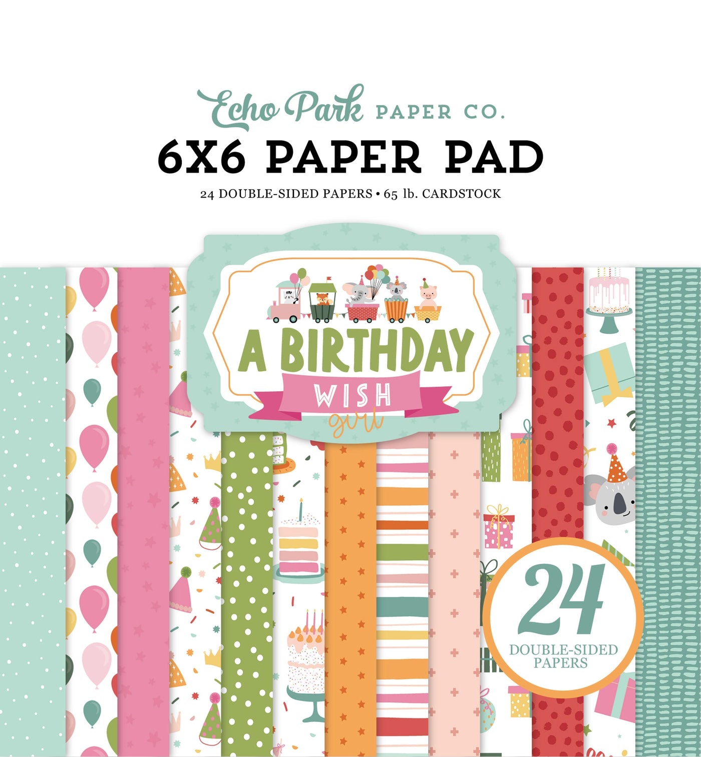 A BIRTHDAY WISH GIRL 6x6 Paper Pad, Echo Park - 6x6 pad with 24 double-sided sheets. Scaled-down images are great for card making and similar crafts. This pad features a brightly colored birthday theme.