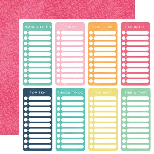 Checklist patterned cardstock (checklist in a variety of colors on a white background with pink months and numbers on a pink background reverse)