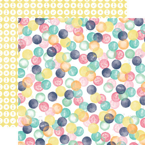 Circles patterned cardstock (multi-colored circles in turquoise, pink, mint, and yellow on a white background with small icons in the center of white polka dots on a yellow background reverse)