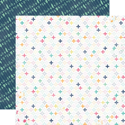 Plus Symbols patterned cardstock (multi-colored plus symbols on a white background with mint green arrows on a navy background reverse)