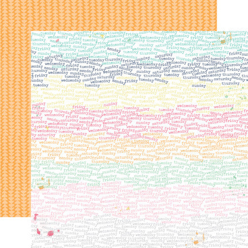 Days of the Week patterned cardstock (days of the week words across the page in an ombre rainbow pattern on a white background with a light orange triangle pattern on an orange background reverse)
