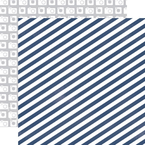 Blue Stripe patterned cardstock (multi-colored navy blue angled stripes on a white background with white cameras on a gray background reverse)