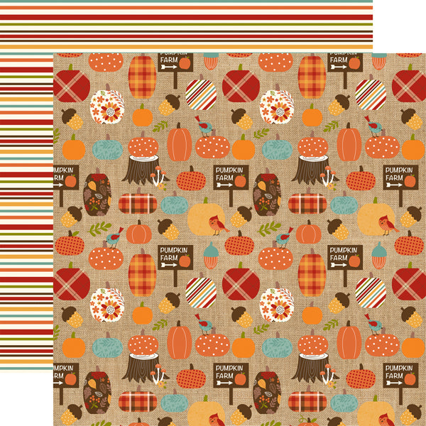 Multi-Colored (Side A - pumpkins in various shapes, sizes, and patterns all over with a sign saying pumpkin farm on a burlap background, Side B - stripes in mustard, poppy, turquoise, lime green, orange on an off-white background)