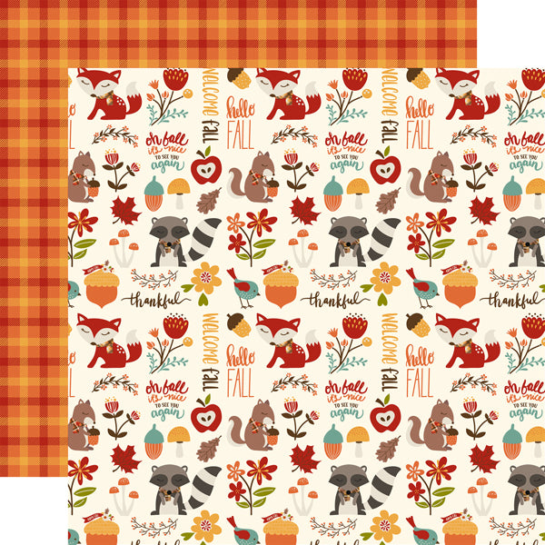 Multi-Colored (Side A - fall phrases, leaves, animals, flowers, fruits, acorns, and more on an off-white background, Side B - plaid in mustard, red, and orange)