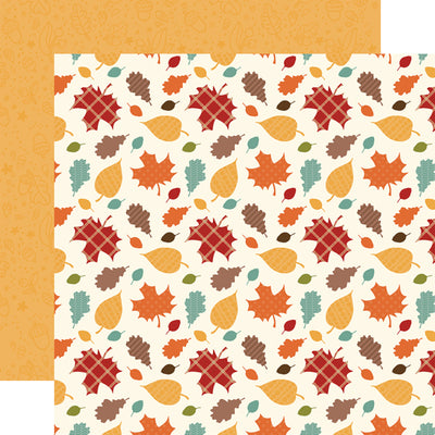 Multi-Colored (Side A - fall leaves in various shapes, colors, and sizes on an off-white background, Side B - yellow images of acorns and leaves on a yellow background)