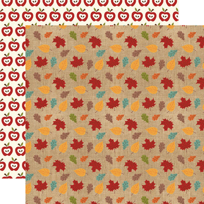 Multi-Colored (Side A - fall leaves in various shapes, colors, and sizes on a burlap background, Side B - red apples sliced in half on an off-white background)