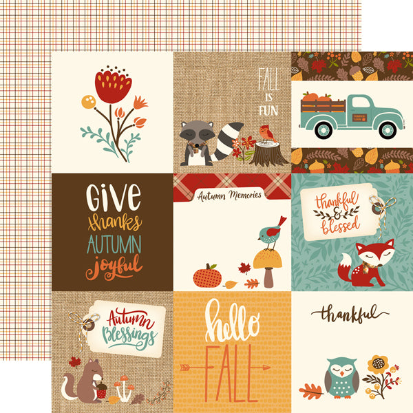Multi-Colored (Side A - fall journaling cards, Side B - thinly lined plaid in brown, red, orange, and mustard on an off-white background)