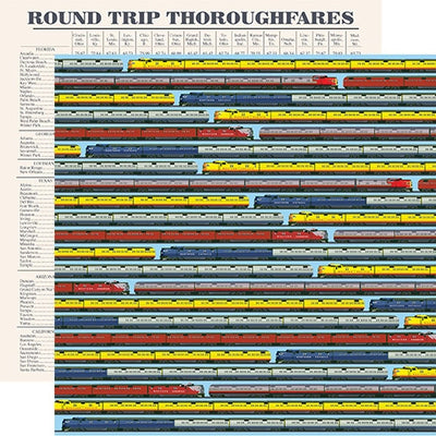 Multi-Colored (Side A - bright colored trains all over on a sky blue background. Side B - vintage train thoroughfares on an off-white background)