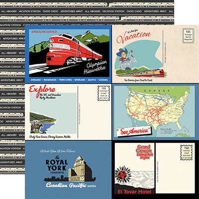 Multi-Colored (Side A - bright colored vintage postcards. Side B - vintage train and words on a black background)