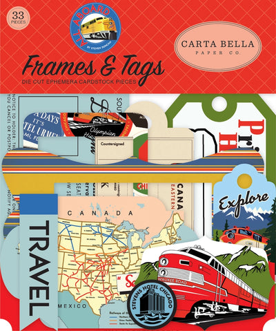 All Aboard Frames & Tags Die Cut Cardstock Pack. Pack includes 33 different die-cut shapes ready to embellish any project. Package size is 4.5" x 5.25"