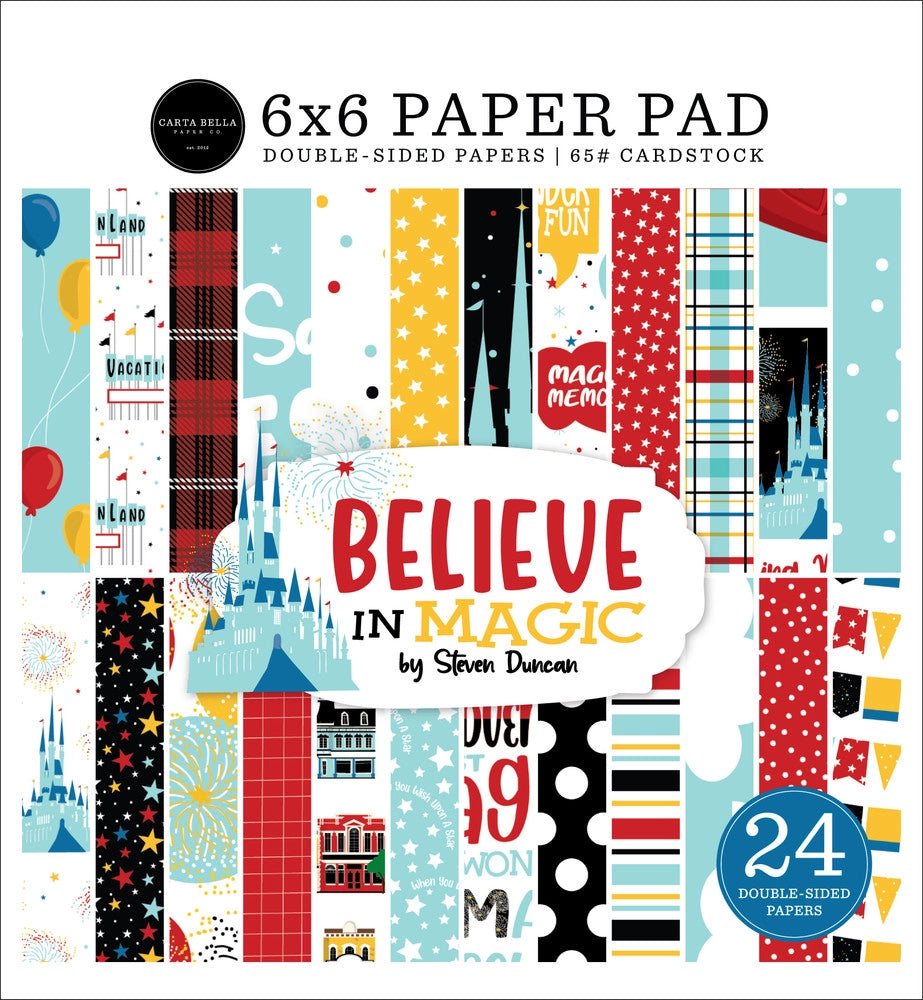Inspired by the magic kingdom with fairy tale castles and fireworks. Tell your family's adventure vacation story. 6x6 pad with 24 double-sided pages. From Carta Bella Paper Co.