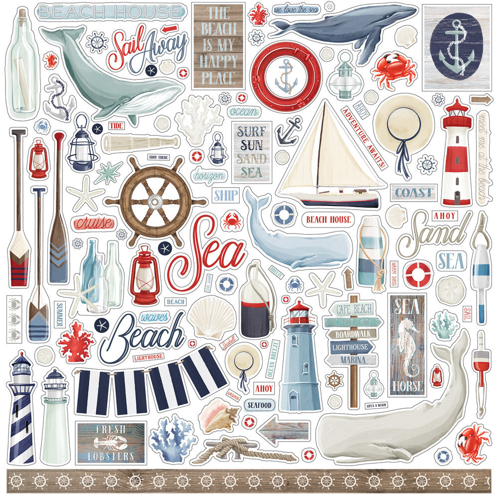 By the Sea Elements 12" x 12" Cardstock Stickers from the By the Sea Collection. The package includes one sheet of cardstock stickers with phrases and images of ocean animals, sailboats, oars, a captain's wheel, a lighthouse, and more. 