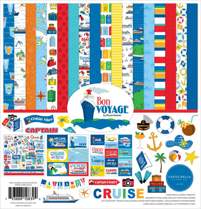 Twelve double-sided papers with cruise, travel, and vacation themes. 12x12 inch textured cardstock. Includes Element Sticker Sheet, Carta Bella Paper Co.