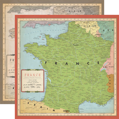 Multi-Colored (Side A- colorized map of France, Side B - sepia tone map of France)