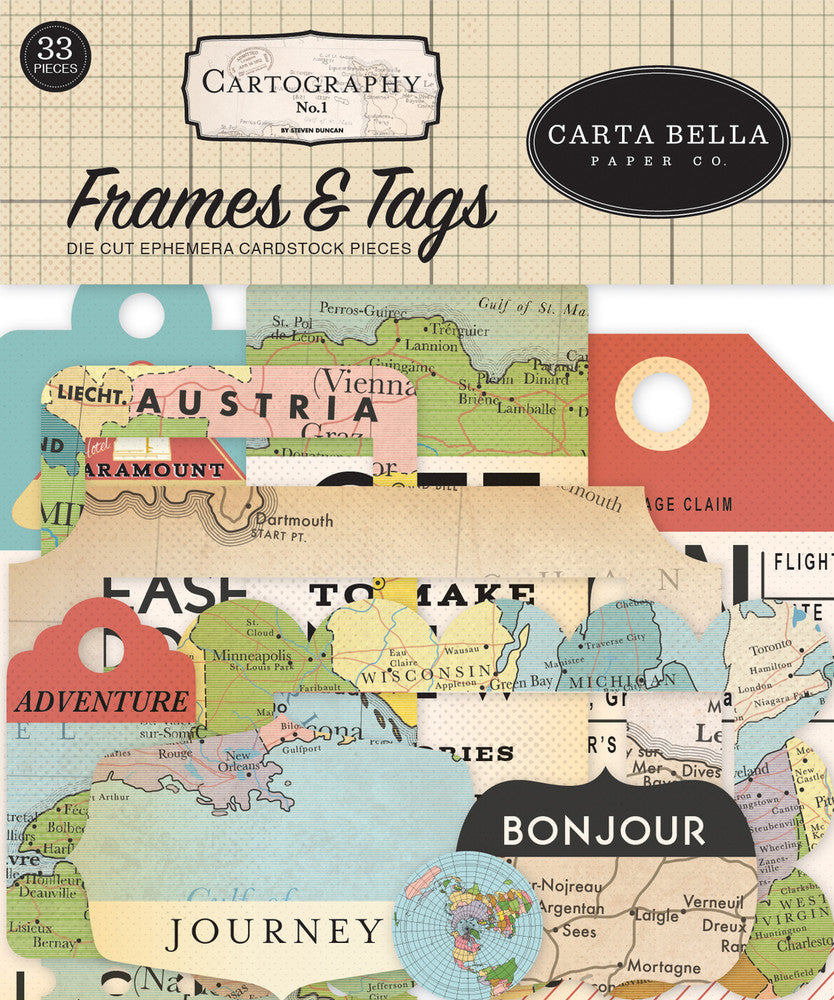 Cartography Frames & Tags Die Cut Cardstock Pack. Pack includes 33 different die-cut shapes ready to embellish any project. Package size is 4.5" x 5.25"