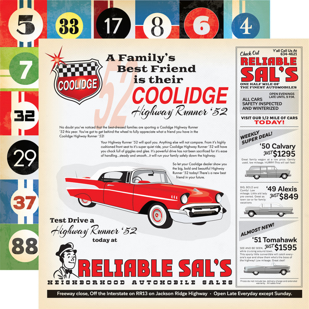 (Side A - vintage car advertisement, Side B - bright primary colored squares with numbers in the centers of each square)