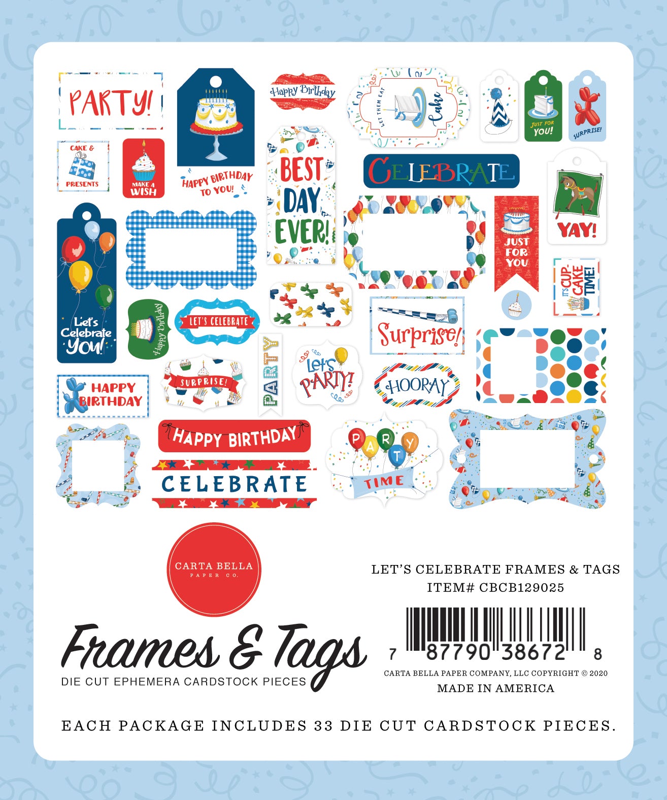 Let's Celebrate Frames & Tags Die Cut Cardstock Pack.  Pack includes 33 different die-cut shapes ready to embellish any project.
