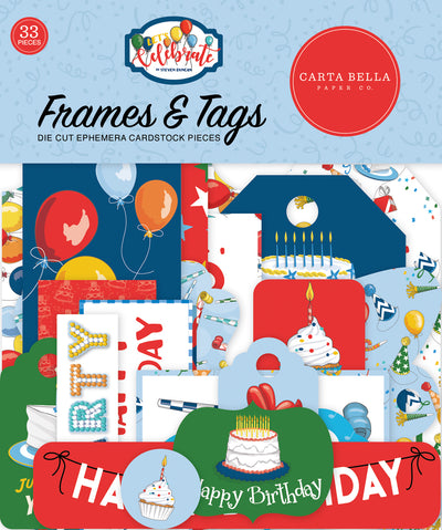 Let's Celebrate Frames & Tags Die Cut Cardstock Pack.  Pack includes 33 different die-cut shapes ready to embellish any project.