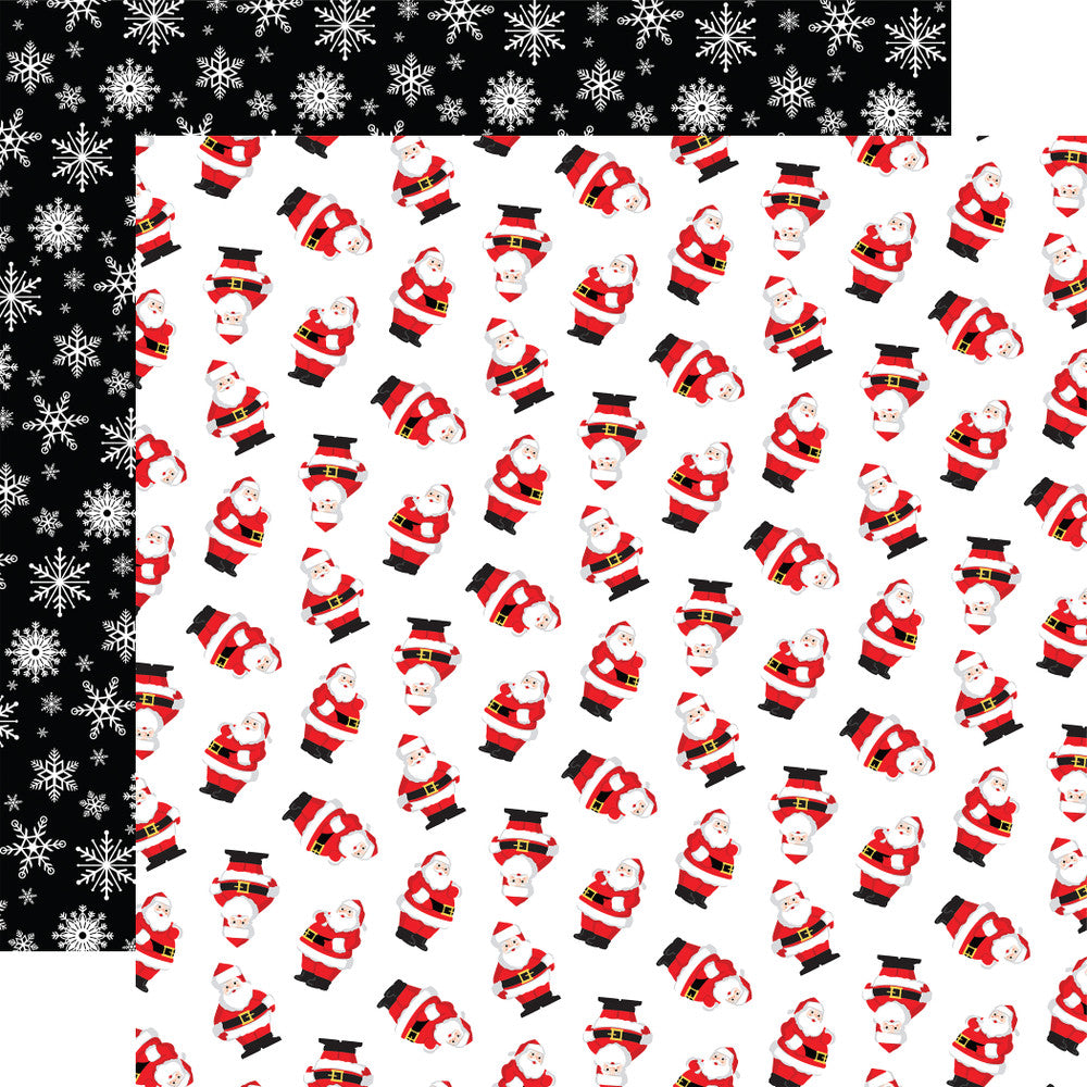 Double-sided 12x12 cardstock with red Santas on a white background; the reverse is white delicate snowflakes on a black background.