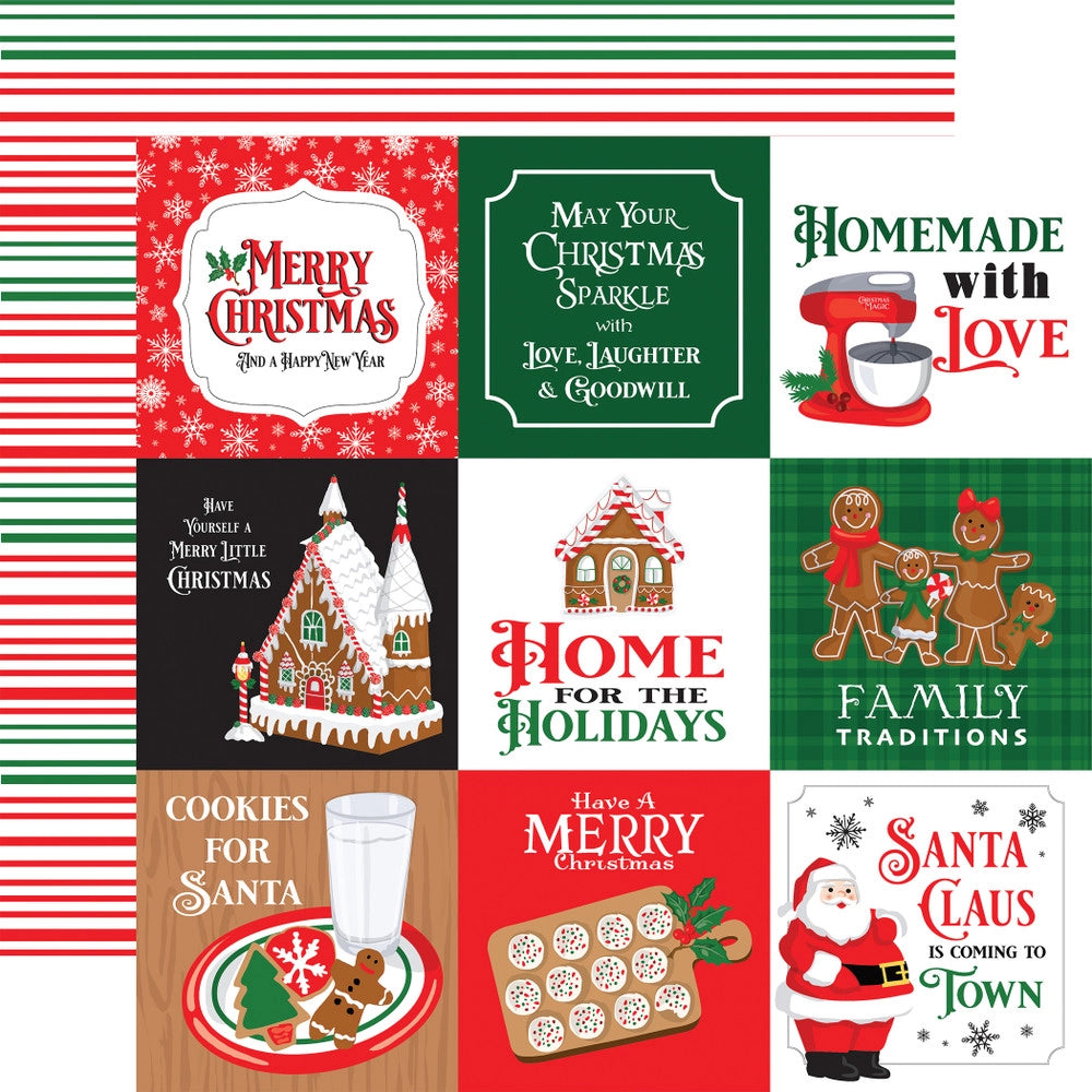 Double-sided 12x12 cardstock with 4X4 journaling cards; the reverse is green and red stripes on a white background.