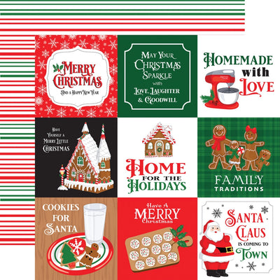 Double-sided 12x12 cardstock with 4X4 journaling cards; the reverse is green and red stripes on a white background.