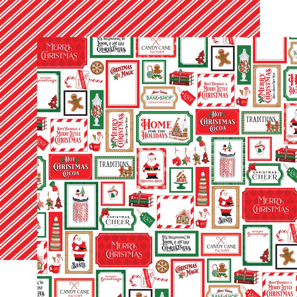 Double-sided 12x12 cardstock with squares and rectangles showing different Christmas images on a white background; the reverse is diagonal red and white candy cane stripes.