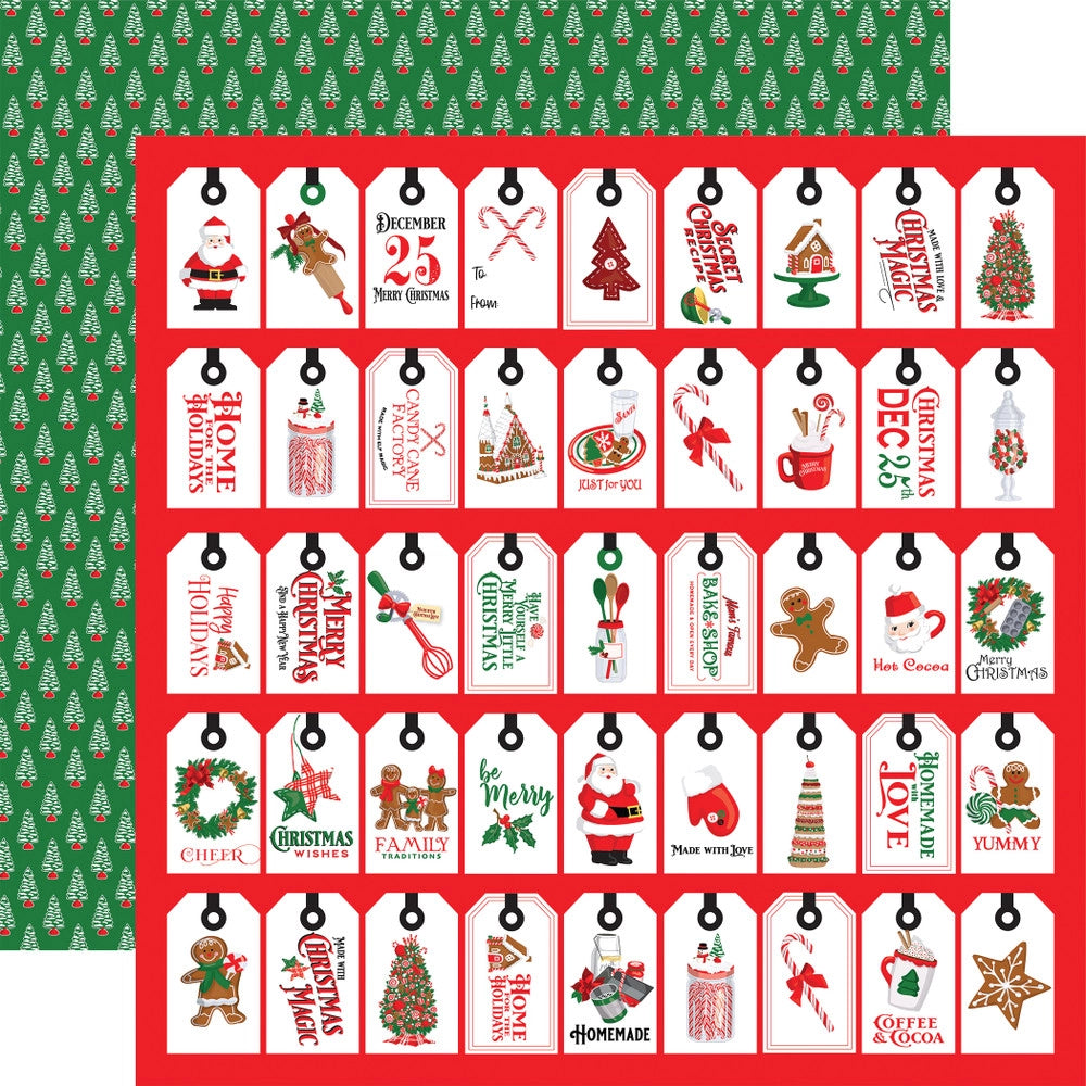 Double-sided 12x12 cardstock with rows of tags showing images of Christmas; the reverse is rows of little Christmas trees on a green background.