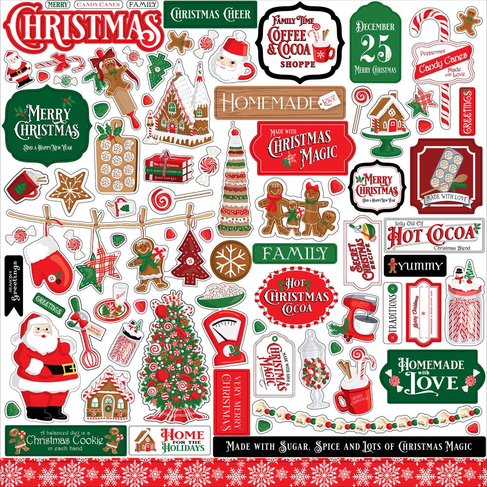 Christmas Elements 12" x 12" Cardstock Stickers from the Christmas Cheer Collection designed by Steven Duncan. The package includes one sheet of cardstock stickers with phrases and images of kitchen accessories to make cookies, gingerbread houses, and more. 
