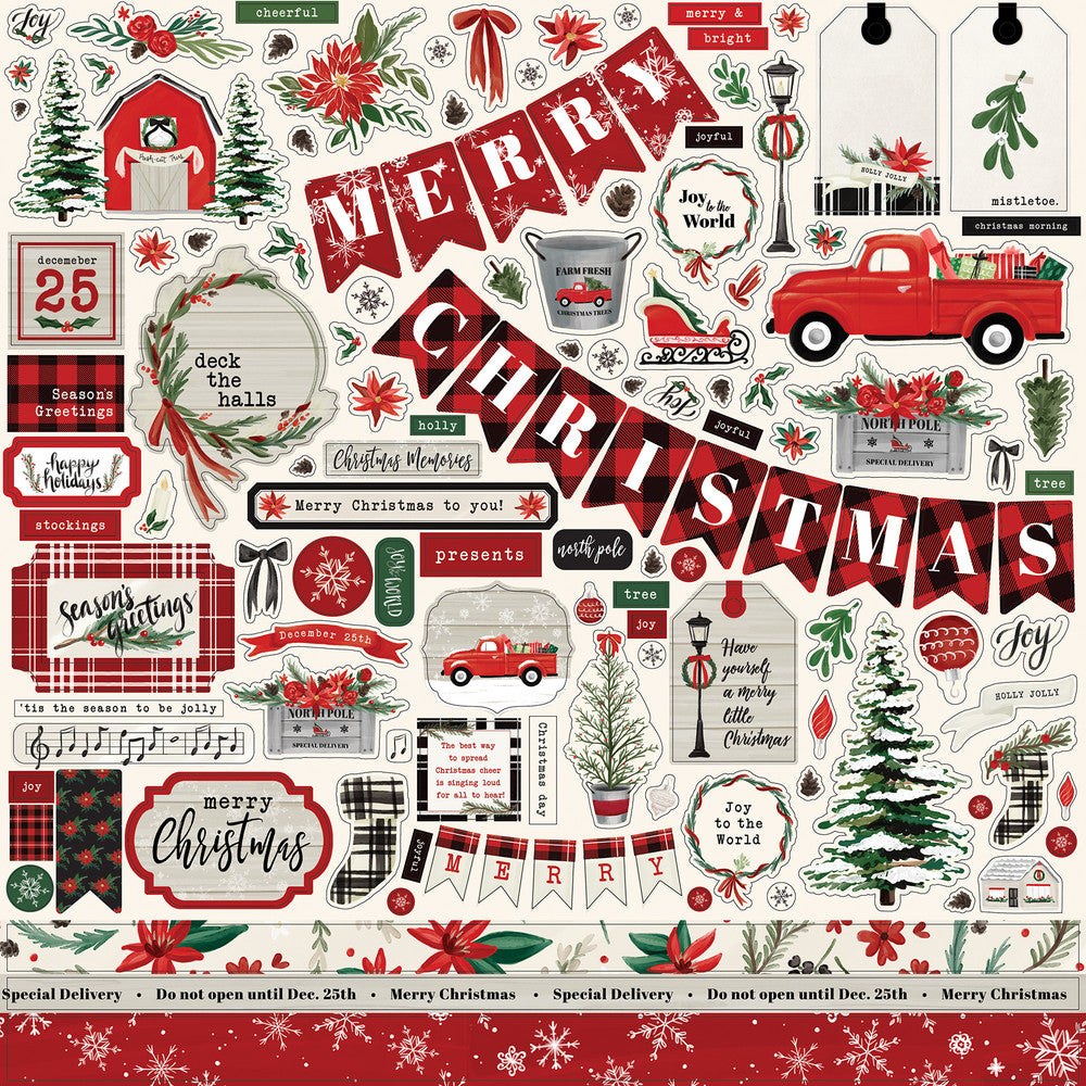 Christmas Elements 12" x 12" Cardstock Stickers from the Christmas Market Collection designed by Steven Duncan. The package includes one sheet of cardstock stickers with phrases and images of Christmas, a red truck with presents, poinsettias, borders, banners, tags, and more. 