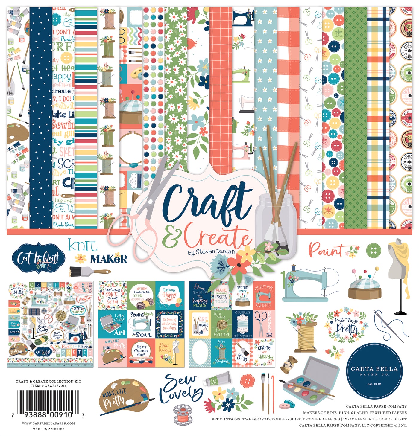 Collection Kit for paper crafts includes 12 double-sided papers with a fun craft theme. Matching element sticker sheet included—archival quality.