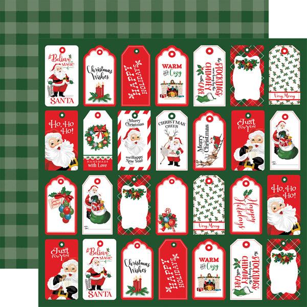 Double-sided 12x12 cardstock with rows of Christmas tags; the reverse is hunter-green buffalo plaid.