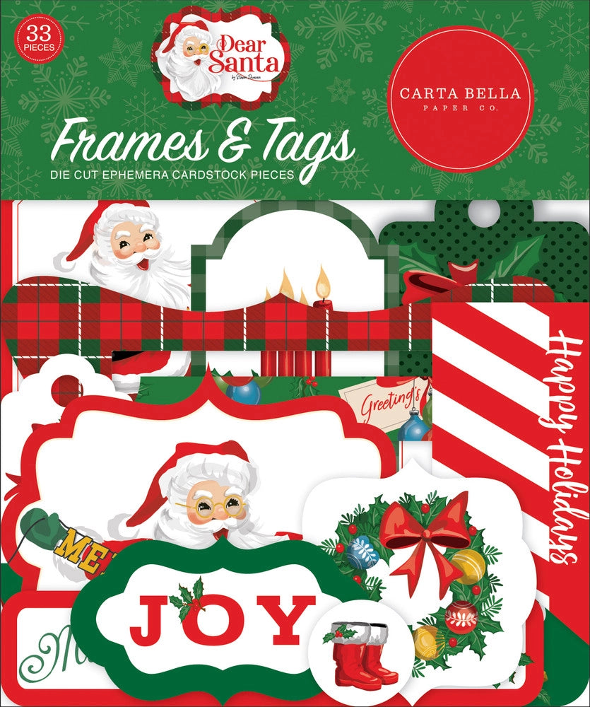Dear Santa Frames & Tags Die Cut Cardstock Pack. Pack includes 33 different die-cut shapes ready to embellish any project. Package size is 4.5" x 5.25"