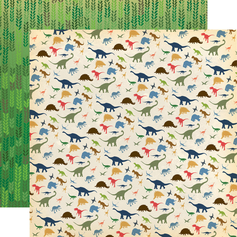 Scattered dinosaurs in navy, mustard, olive green, and red on an off-white background. The reverse is various shades of green leaves in rows of chevron patterns on a green background. 80 lb cover. Felt texture.