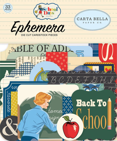 School Days Ephemera Die Cut Cardstock Pack. Pack includes 33 different die-cut shapes ready to embellish any project. Package size is 4.5" x 5.25"