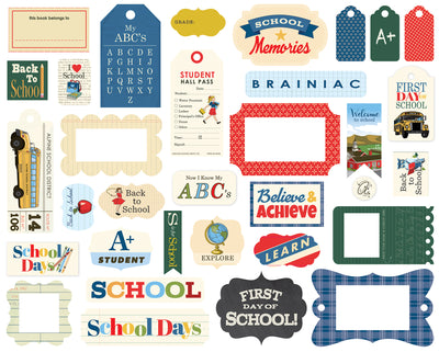 School Days Frames & Tags Die Cut Cardstock Pack.  Pack includes 33 different die-cut shapes ready to embellish any project.