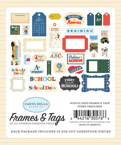 School Days Frames & Tags Die Cut Cardstock Pack.  Pack includes 33 different die-cut shapes ready to embellish any project.