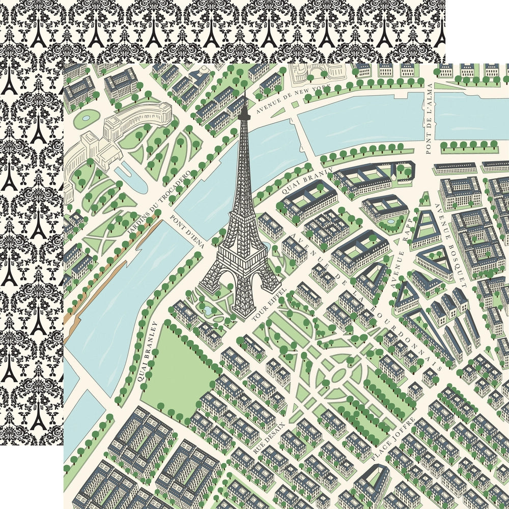 Double-sided 12x12 cardstock with a hand-drawn map of Paris. The reverse is a black and white damask pattern. 