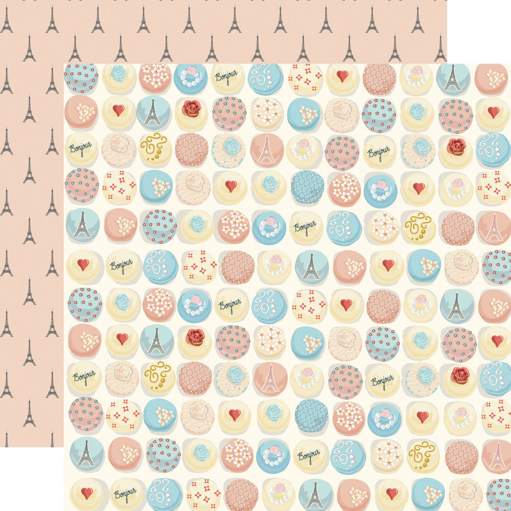 Rows of french pastries in pastel colors. The reverse is a blush pink background with rows of Eiffel towers. 