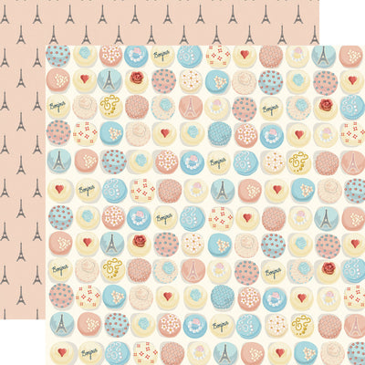 Rows of french pastries in pastel colors. The reverse is a blush pink background with rows of Eiffel towers. 