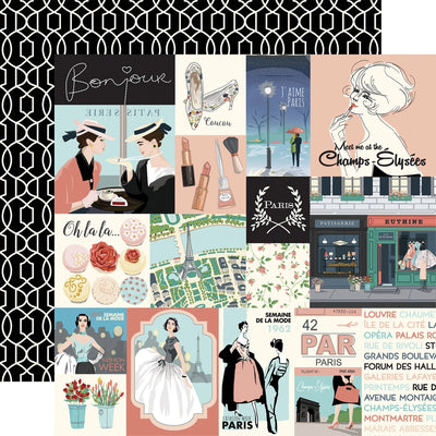 There are many different-sized fashion journaling cards and phrases. The reverse is a black and white abstract pattern. 