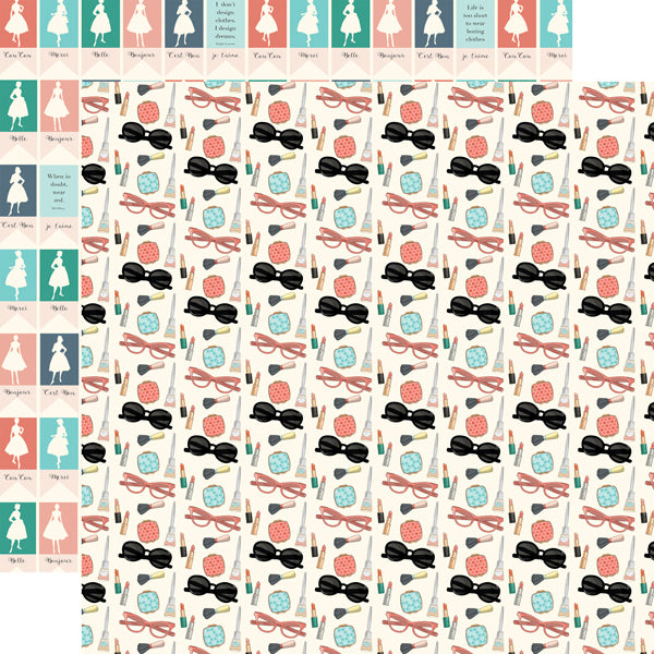 Black sunglasses and makeup in pastel colors on an off-white background. The reverse is rows of fashion cards in pastel colors on an off-white background. 