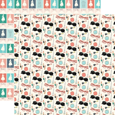 Black sunglasses and makeup in pastel colors on an off-white background. The reverse is rows of fashion cards in pastel colors on an off-white background. 