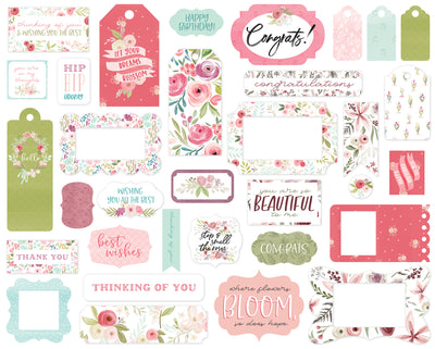 Flora No. 3 Frames & Tags Die Cut Cardstock Pack.  Pack includes 33 different die-cut shapes ready to embellish any project. 