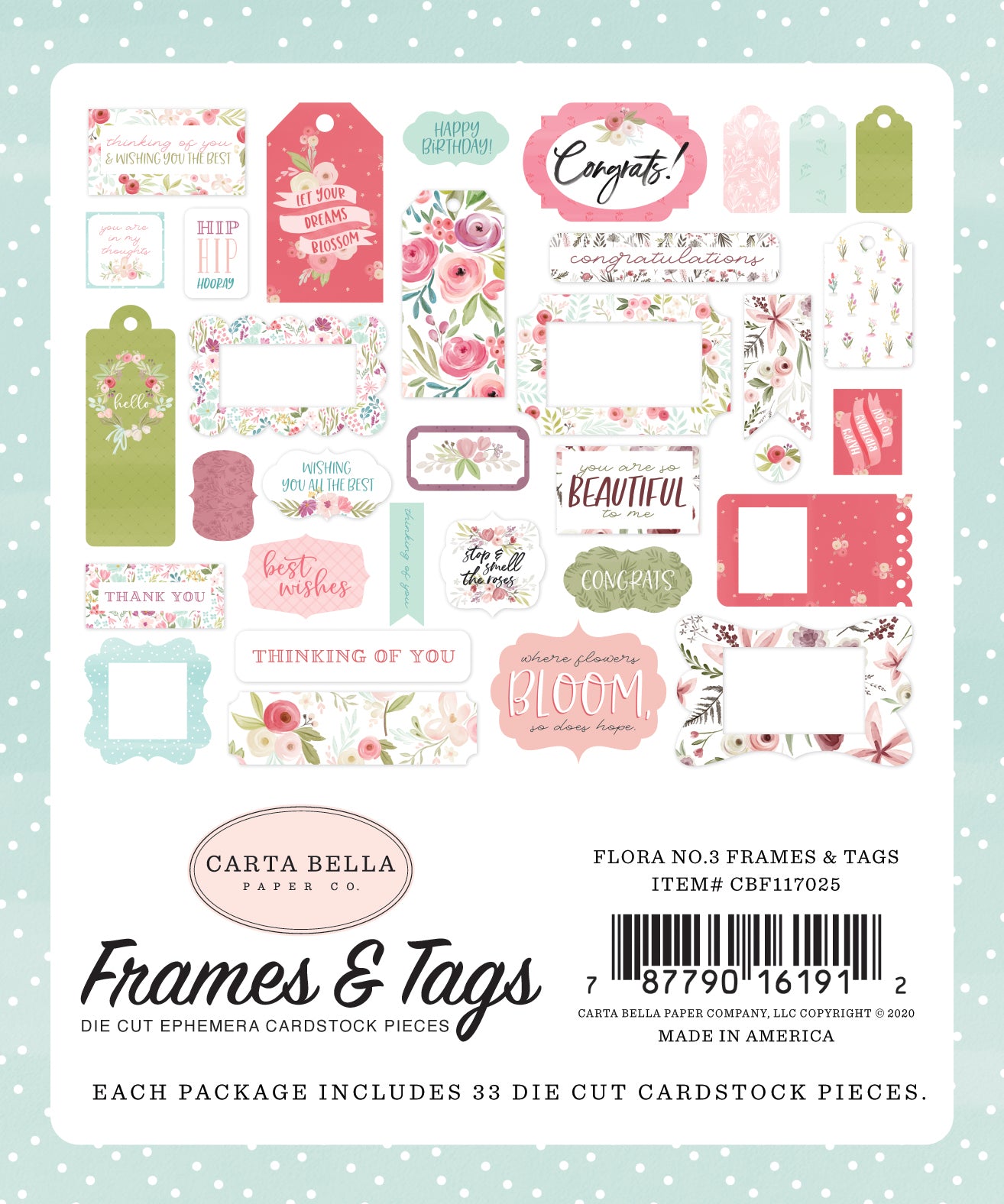 Flora No. 3 Frames & Tags Die Cut Cardstock Pack.  Pack includes 33 different die-cut shapes ready to embellish any project. 