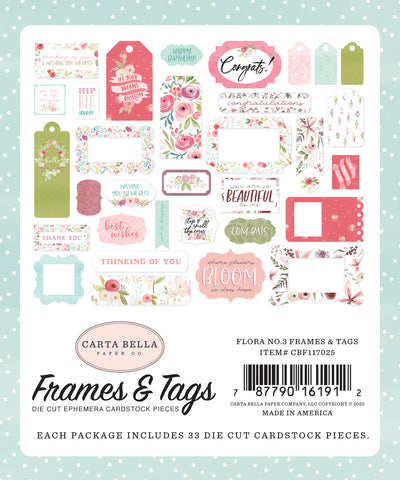Flora No. 3 Frames & Tags Die Cut Cardstock Pack.  Pack includes 33 different die-cut shapes ready to embellish any project. 