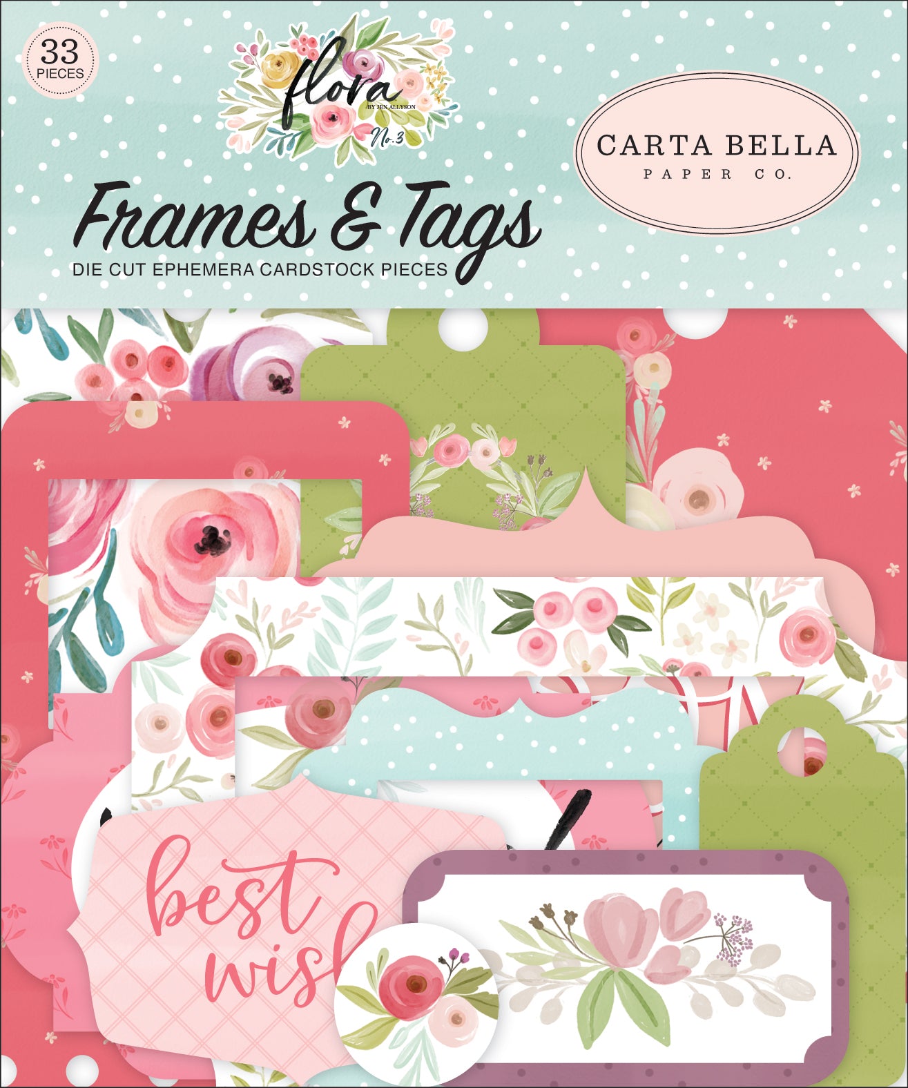 Flora No. 3 Frames & Tags Die Cut Cardstock Pack.  Pack includes 33 different die-cut shapes ready to embellish any project. 