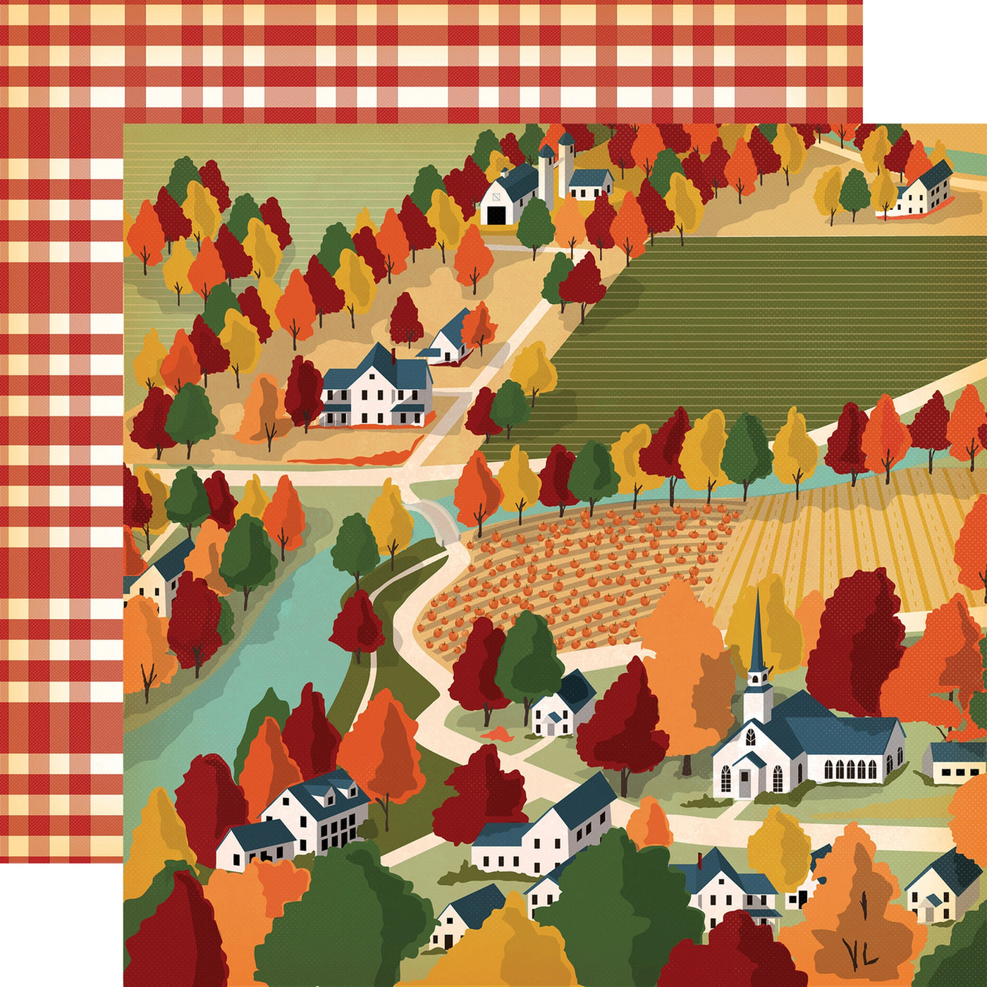 Multi-Colored (Side A - town scenery in fall colors, Side B - brick red plaid)