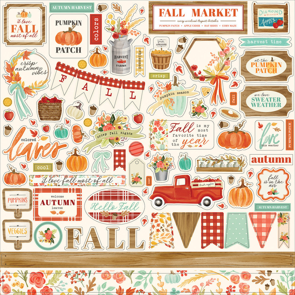 Fall Elements 12" x 12" Cardstock Stickers from Fall Market Collection by Carta Bella. Stickers include phrases, banners, borders, tags, pumpkins, fall florals, red truck, and more!